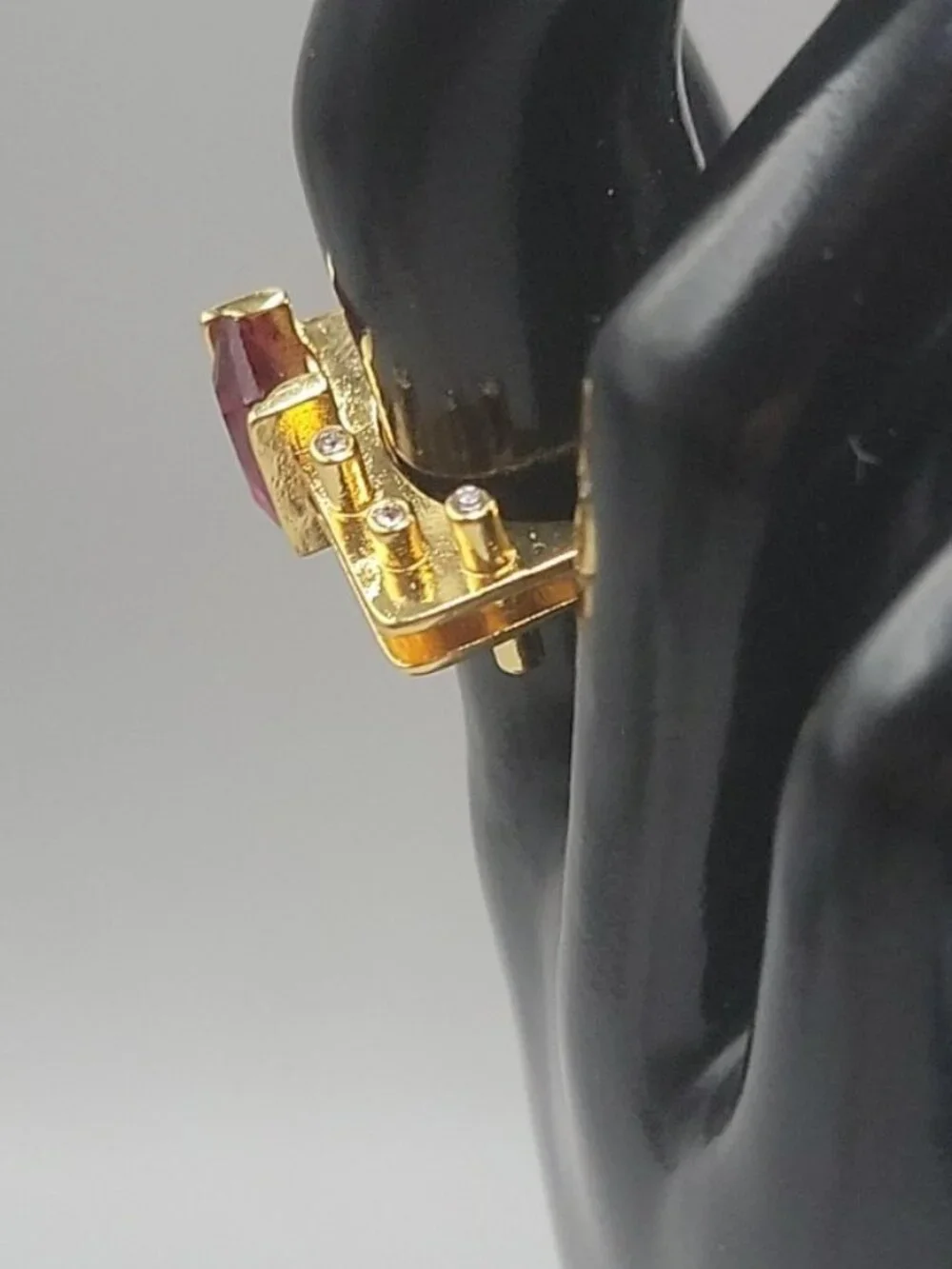 VTG Gold Vermeil Geometric Statement Ring Emerald Cut Pink Red Crystal 925 8.6